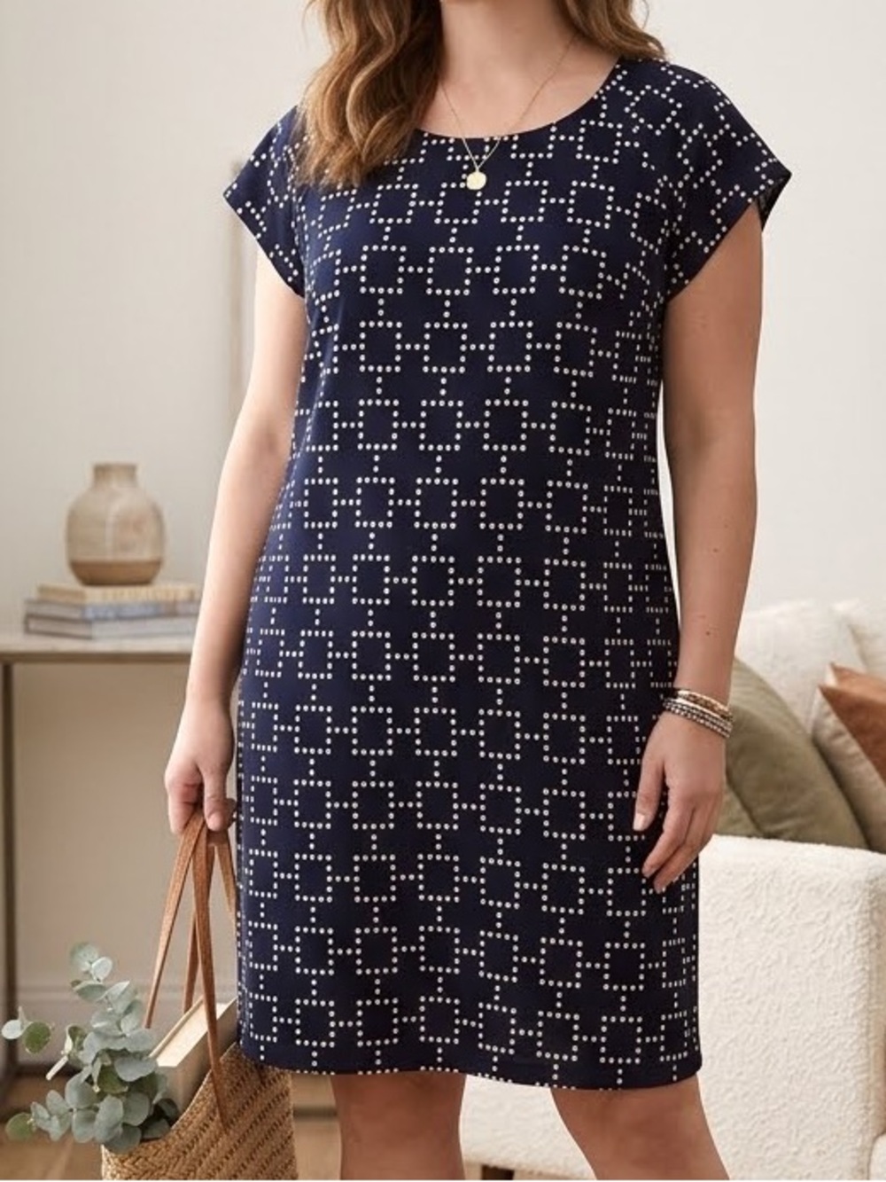 Merona Dress Black White Geometric polka dot midi Scoop Cap Midi Sheath Large
